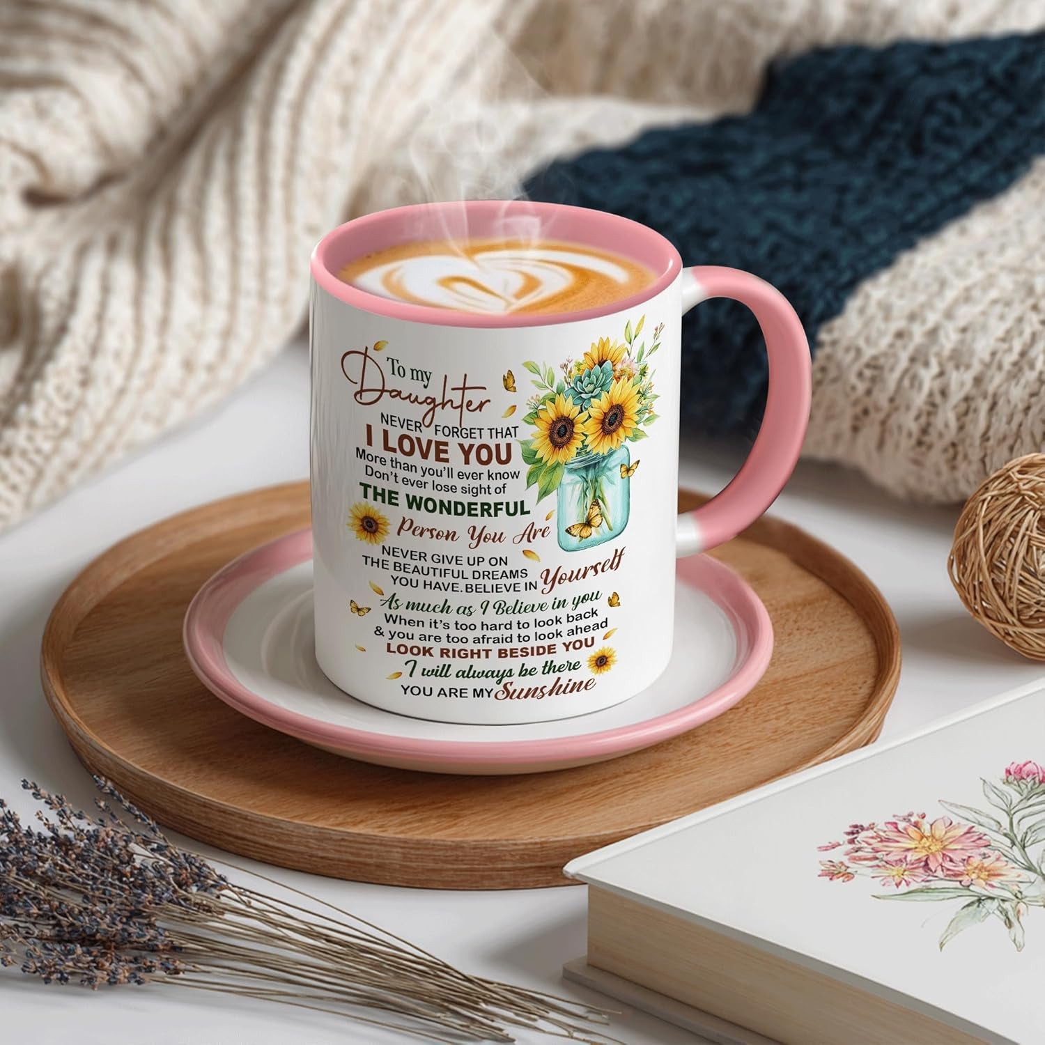 Daughter Gifts on Mother'S Day, Birthday, Presents for Daughters from Mom Dad Cup with Spoon, to My Daughter Coffee Mug, Sunflower Gifts for Women Keepsake, 11Oz White Pink Ceramic Tea Mug