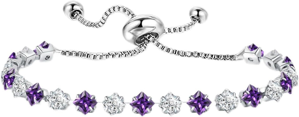 Elegant Birthstone Tennis Bracelet for Women in Silver with Cubic Zirconia, Adjustable Slider Design - Perfect Gift for Christmas, Birthdays, Anniversaries, and Friendship for Moms, Wives, and Girlfriends.