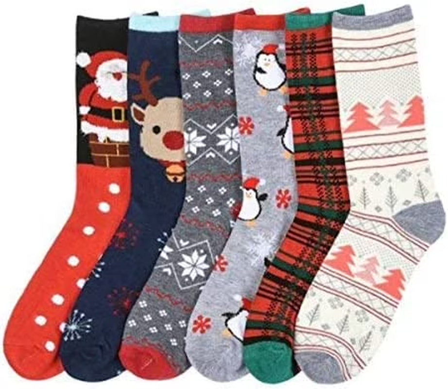 6 Pairs Women Christmas Holidays Novelty Design Crew Socks 9-11