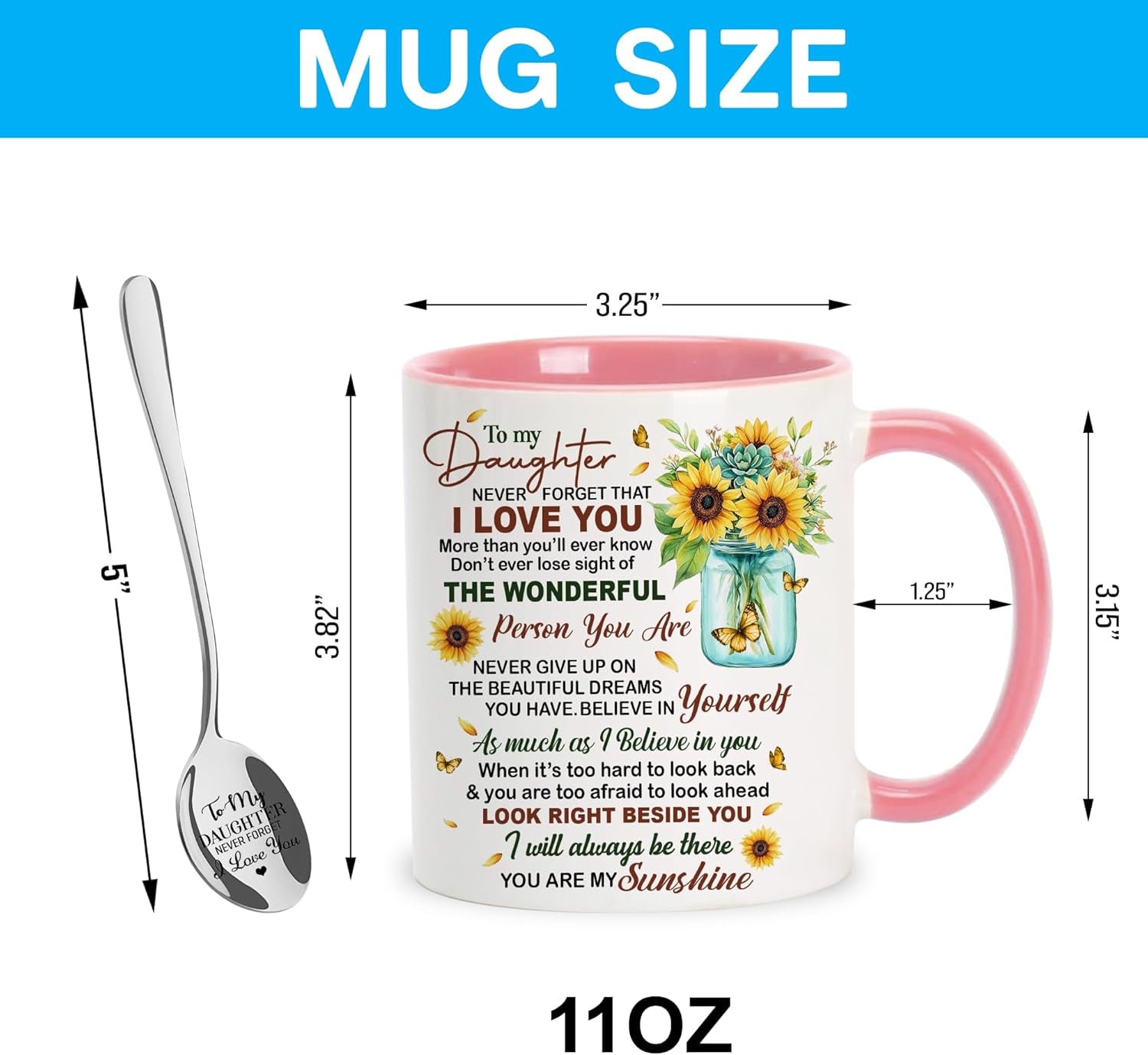 Daughter Gifts on Mother'S Day, Birthday, Presents for Daughters from Mom Dad Cup with Spoon, to My Daughter Coffee Mug, Sunflower Gifts for Women Keepsake, 11Oz White Pink Ceramic Tea Mug