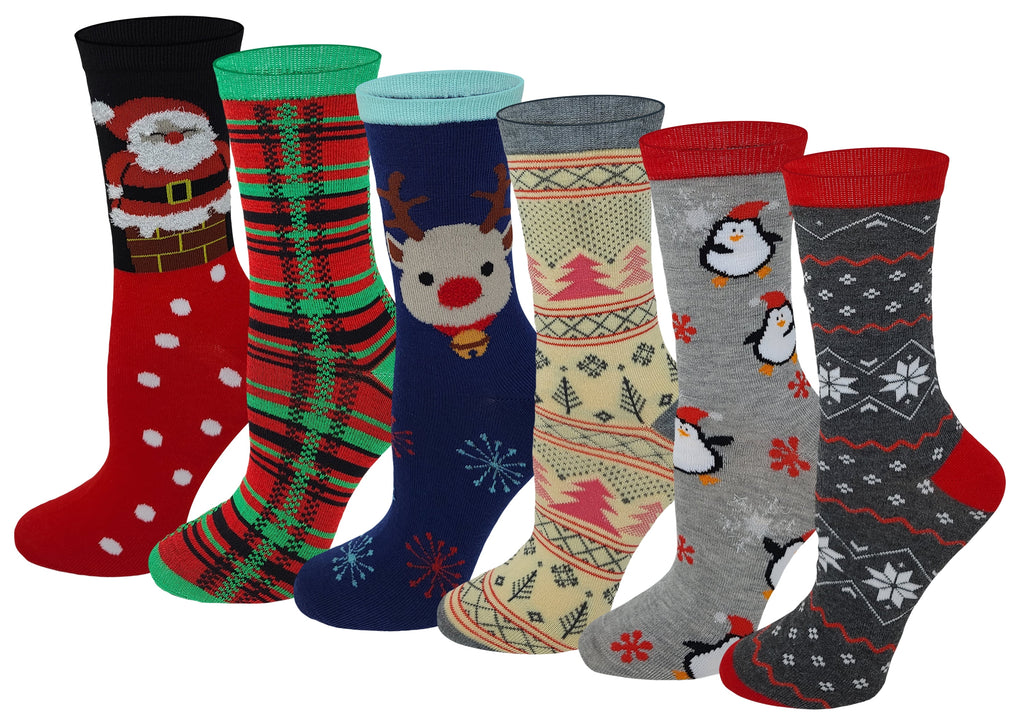 6 Pairs Women Christmas Holidays Novelty Design Crew Socks 9-11