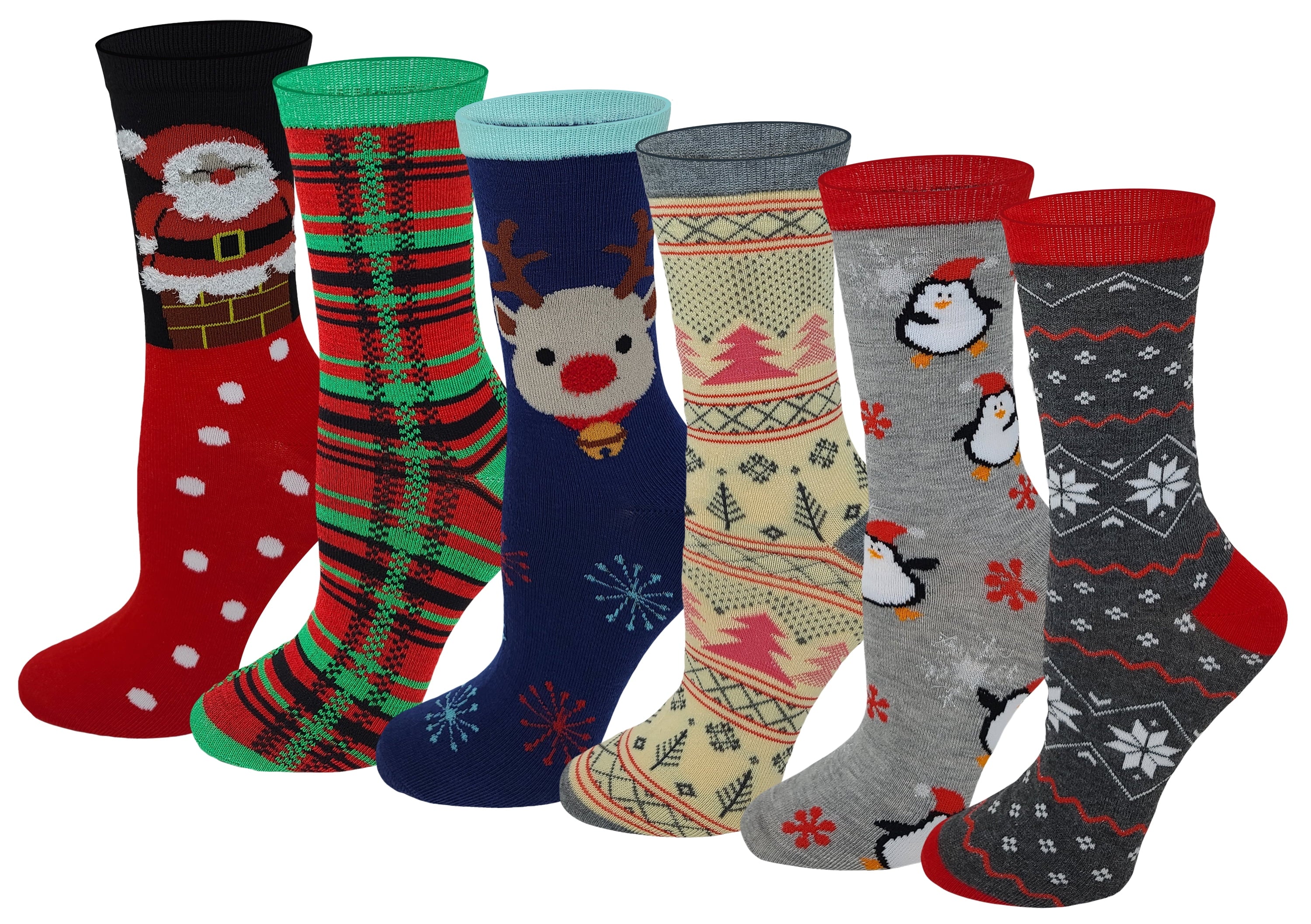6 Pairs Women Christmas Holidays Novelty Design Crew Socks 9-11