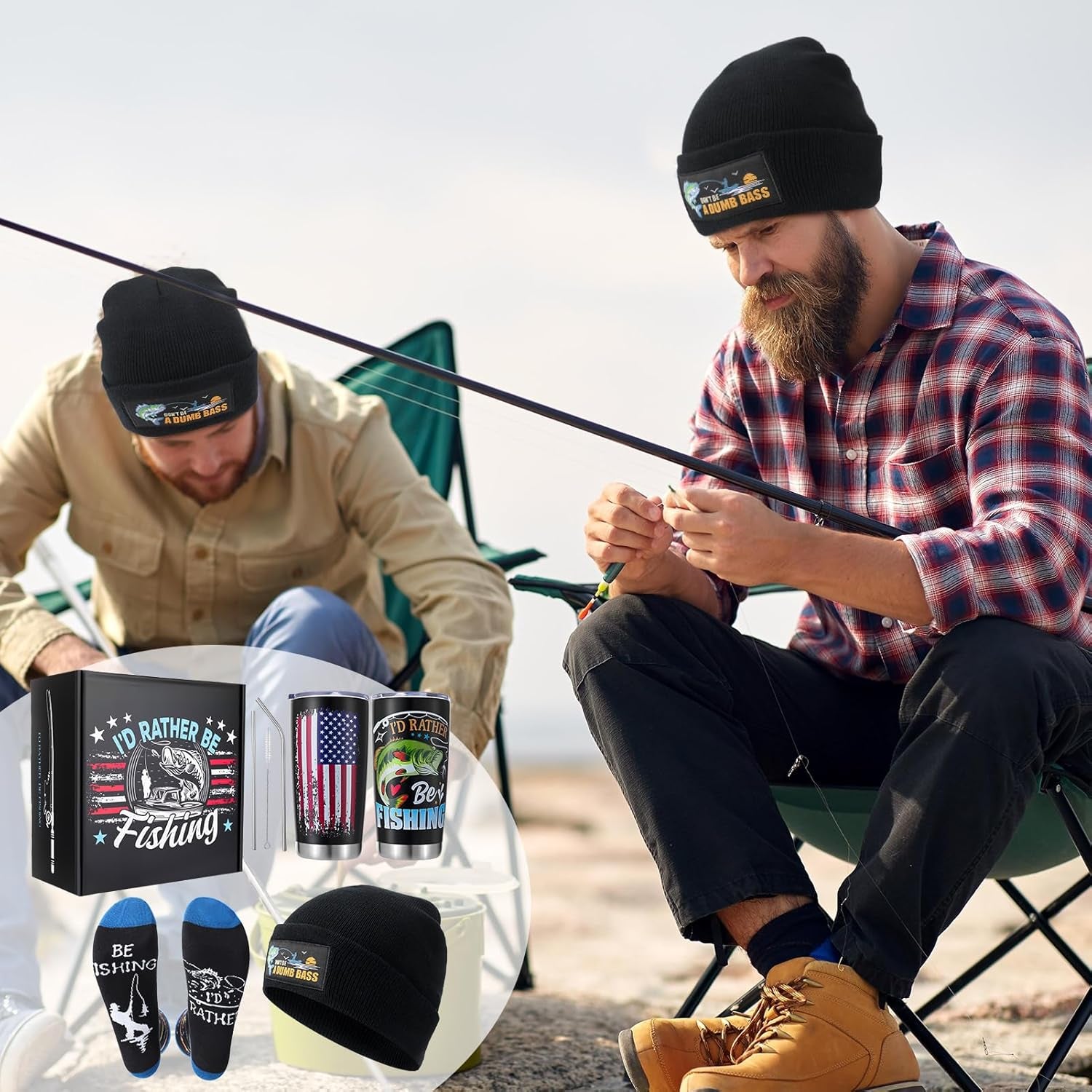 Fishing Hunting Camping Gifts Funny Hat Socks Tumbler Gift Box for Dad Husband Boyfriend Grandpa Fathers Day Birthday Christmas Black