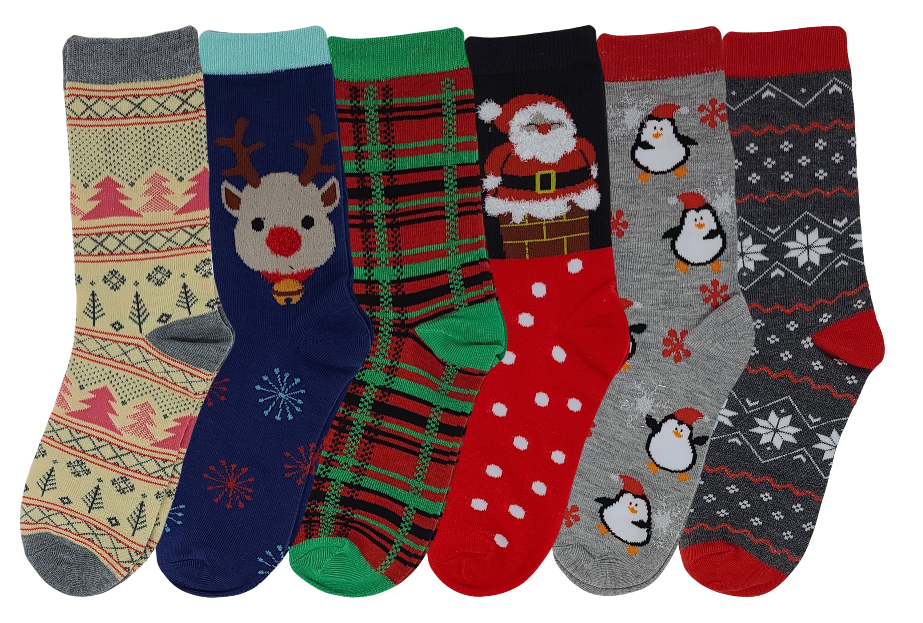 6 Pairs Women Christmas Holidays Novelty Design Crew Socks 9-11