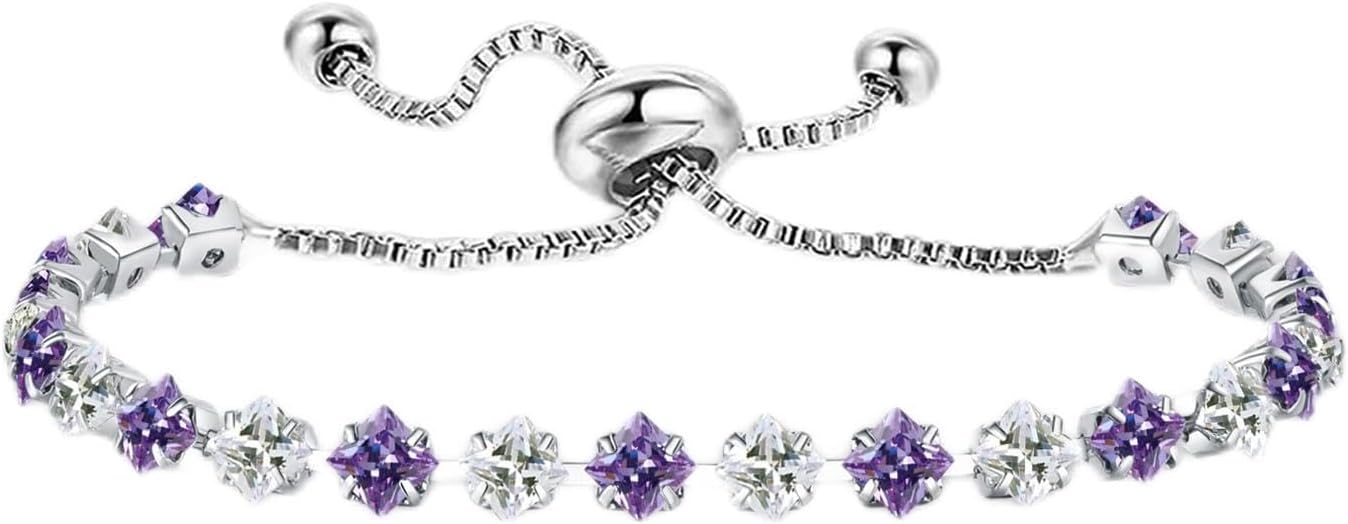 Elegant Birthstone Tennis Bracelet for Women in Silver with Cubic Zirconia, Adjustable Slider Design - Perfect Gift for Christmas, Birthdays, Anniversaries, and Friendship for Moms, Wives, and Girlfriends.