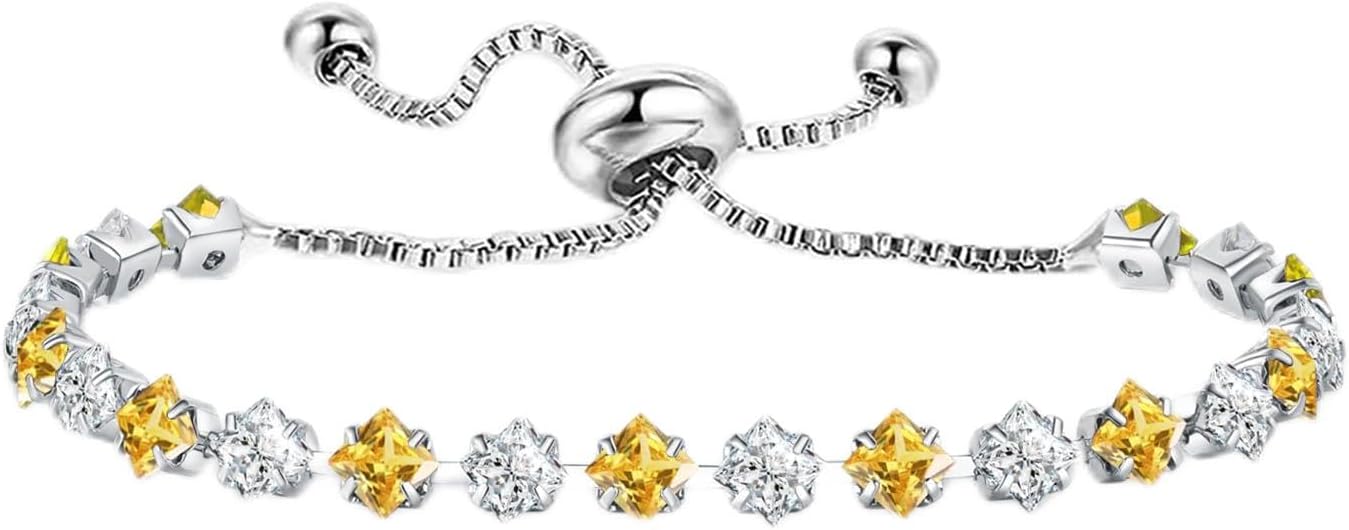 Elegant Birthstone Tennis Bracelet for Women in Silver with Cubic Zirconia, Adjustable Slider Design - Perfect Gift for Christmas, Birthdays, Anniversaries, and Friendship for Moms, Wives, and Girlfriends.
