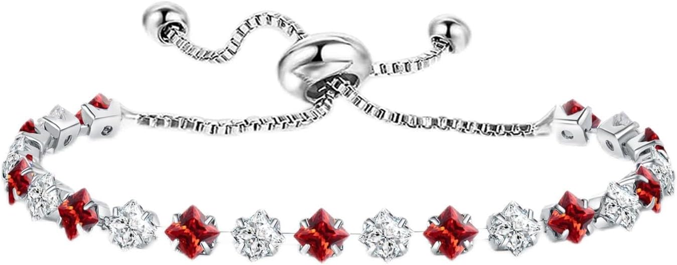 Elegant Birthstone Tennis Bracelet for Women in Silver with Cubic Zirconia, Adjustable Slider Design - Perfect Gift for Christmas, Birthdays, Anniversaries, and Friendship for Moms, Wives, and Girlfriends.