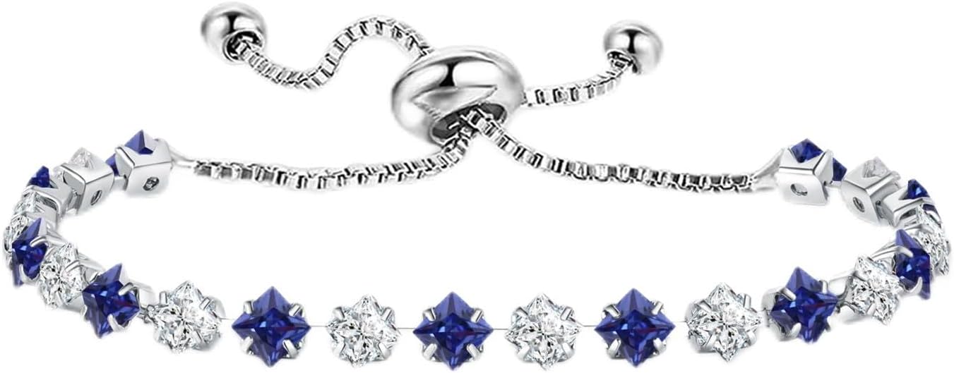 Elegant Birthstone Tennis Bracelet for Women in Silver with Cubic Zirconia, Adjustable Slider Design - Perfect Gift for Christmas, Birthdays, Anniversaries, and Friendship for Moms, Wives, and Girlfriends.