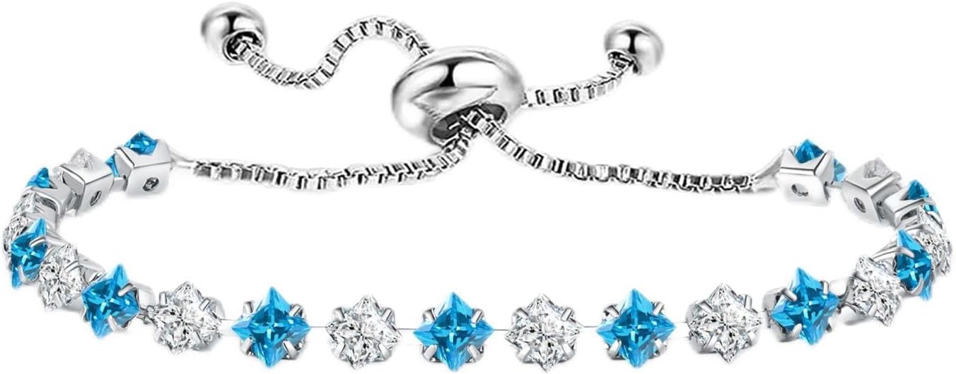 Elegant Birthstone Tennis Bracelet for Women in Silver with Cubic Zirconia, Adjustable Slider Design - Perfect Gift for Christmas, Birthdays, Anniversaries, and Friendship for Moms, Wives, and Girlfriends.