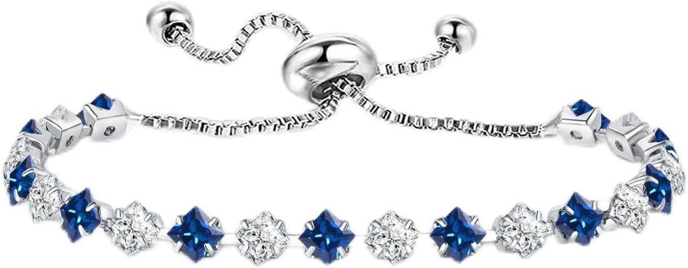 Elegant Birthstone Tennis Bracelet for Women in Silver with Cubic Zirconia, Adjustable Slider Design - Perfect Gift for Christmas, Birthdays, Anniversaries, and Friendship for Moms, Wives, and Girlfriends.