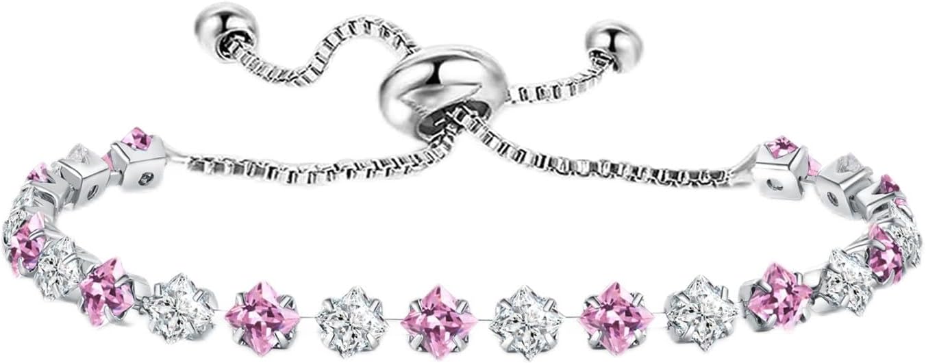 Elegant Birthstone Tennis Bracelet for Women in Silver with Cubic Zirconia, Adjustable Slider Design - Perfect Gift for Christmas, Birthdays, Anniversaries, and Friendship for Moms, Wives, and Girlfriends.