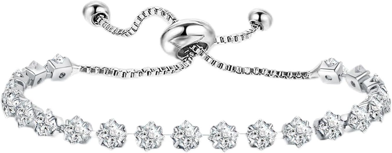Elegant Birthstone Tennis Bracelet for Women in Silver with Cubic Zirconia, Adjustable Slider Design - Perfect Gift for Christmas, Birthdays, Anniversaries, and Friendship for Moms, Wives, and Girlfriends.