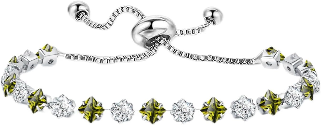 Elegant Birthstone Tennis Bracelet for Women in Silver with Cubic Zirconia, Adjustable Slider Design - Perfect Gift for Christmas, Birthdays, Anniversaries, and Friendship for Moms, Wives, and Girlfriends.