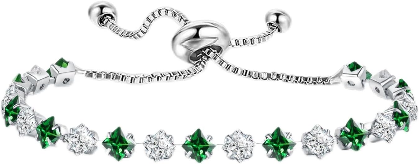Elegant Birthstone Tennis Bracelet for Women in Silver with Cubic Zirconia, Adjustable Slider Design - Perfect Gift for Christmas, Birthdays, Anniversaries, and Friendship for Moms, Wives, and Girlfriends.