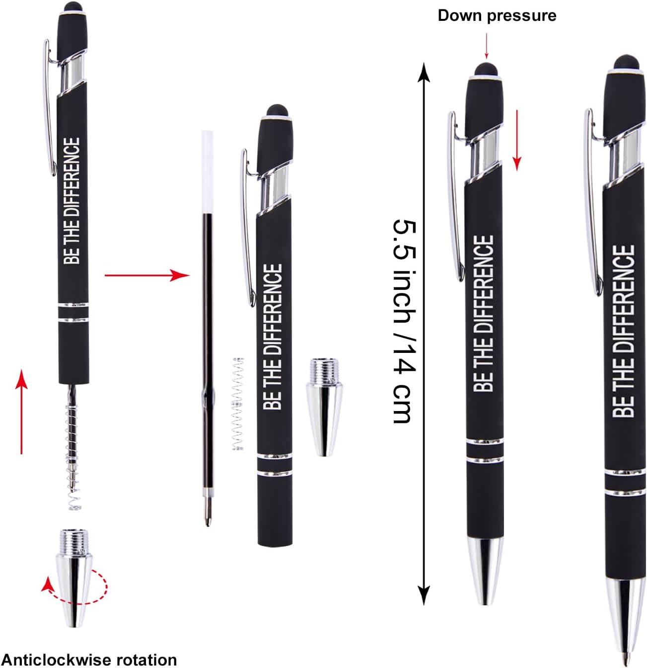 Funny Pens - 12 Pack Fine Point Smooth Writing Pens with Inspirational Tips, Black Ink, Touch Stylus Screens, Motivational Gift for Office & Desk Accessories