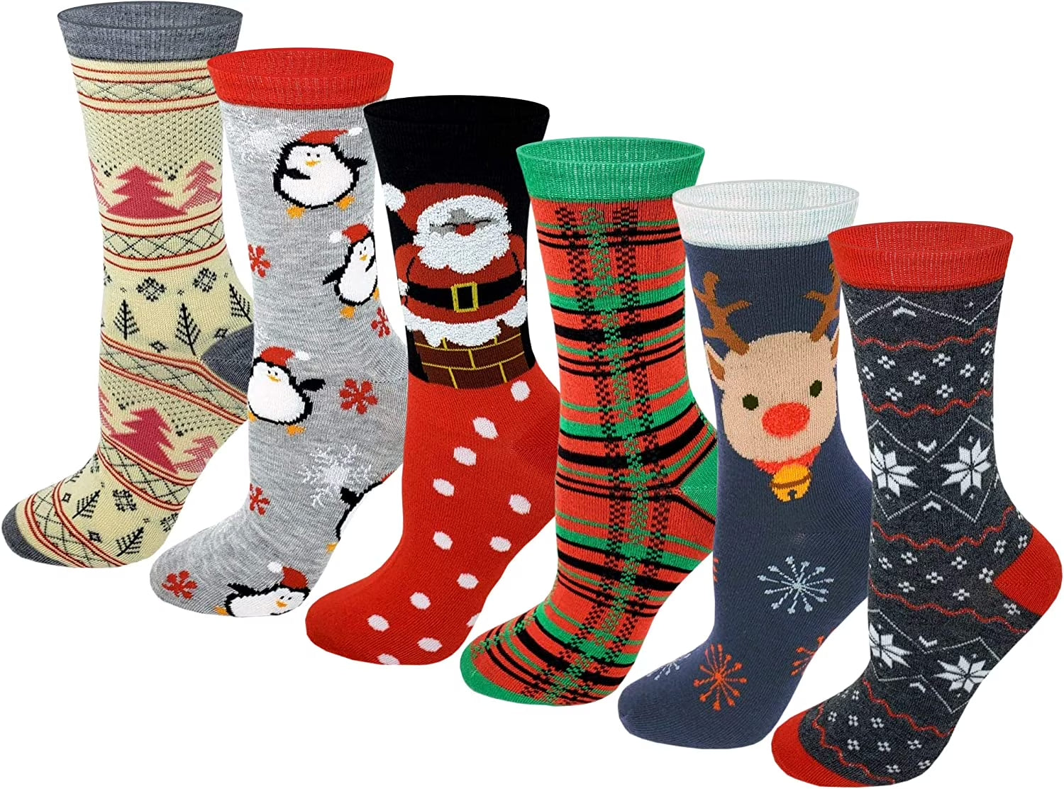 6 Pairs Women Christmas Holidays Novelty Design Crew Socks 9-11
