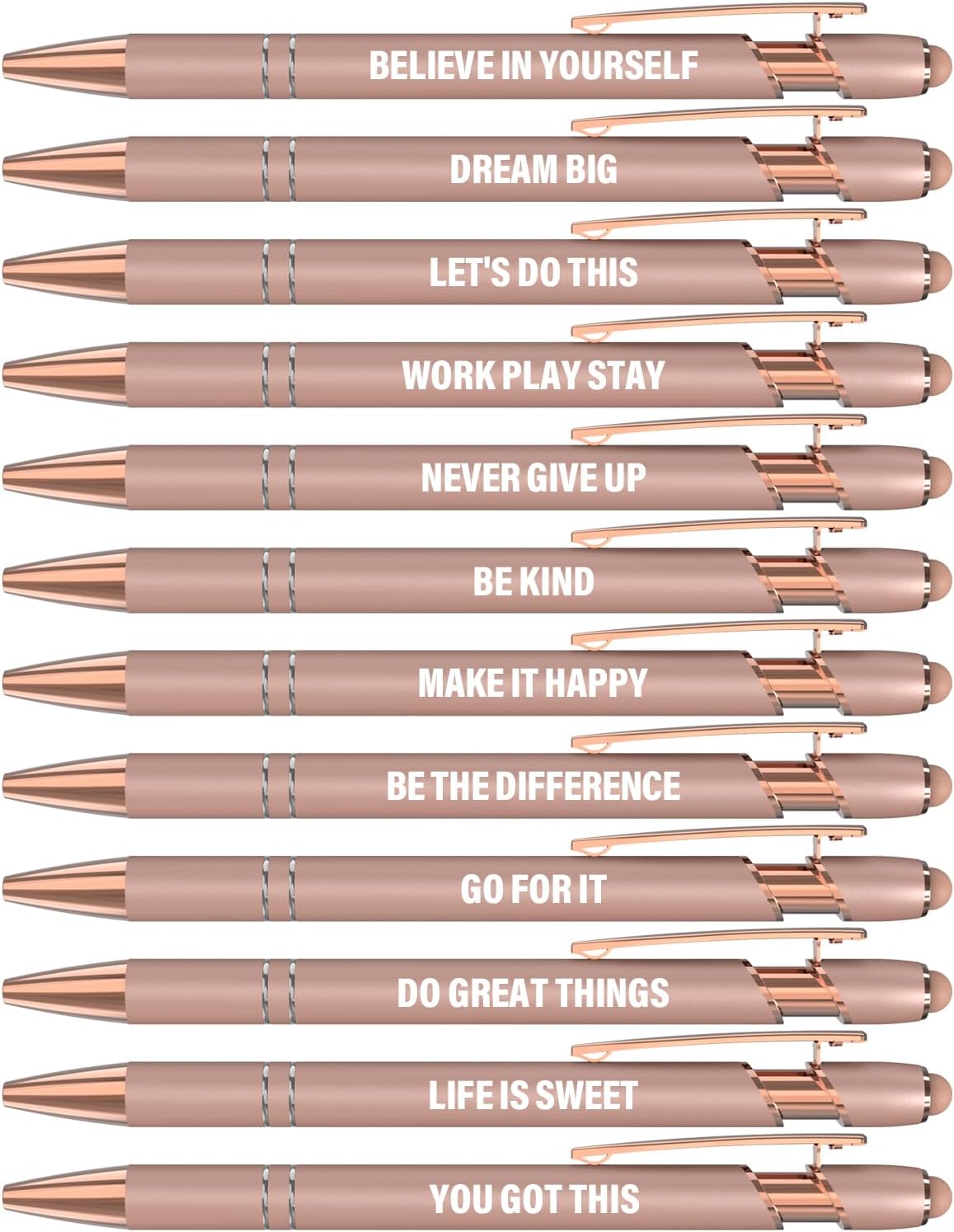 Funny Pens - 12 Pack Fine Point Smooth Writing Pens with Inspirational Tips, Black Ink, Touch Stylus Screens, Motivational Gift for Office & Desk Accessories