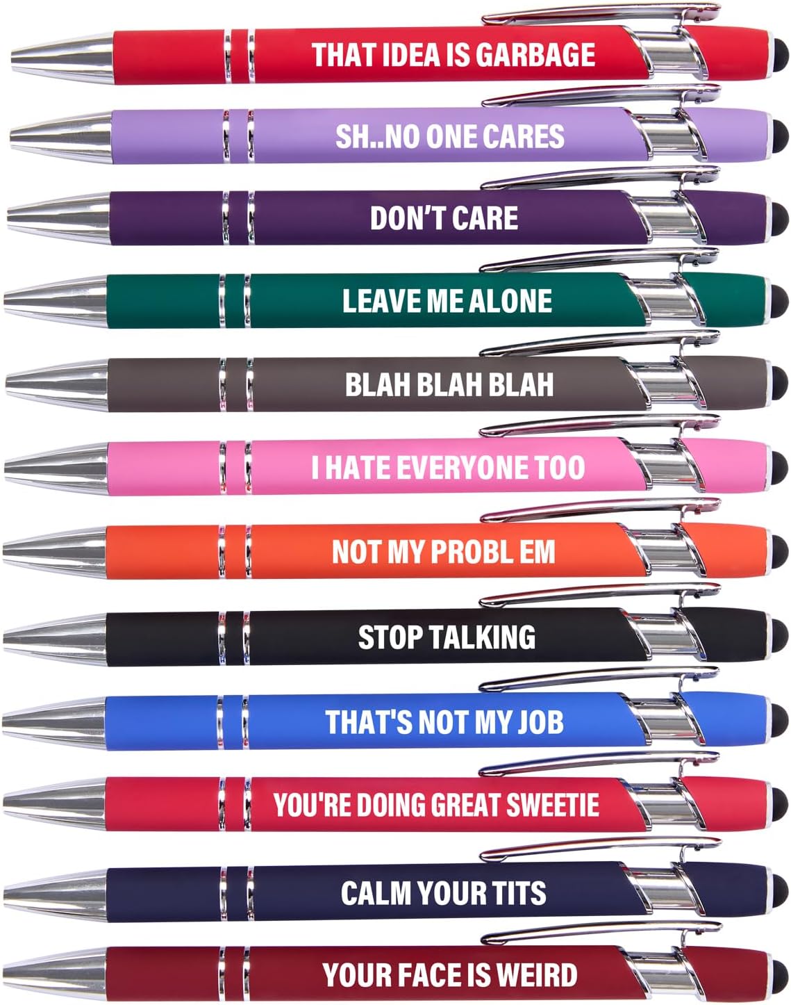 Funny Pens - 12 Pack Fine Point Smooth Writing Pens with Inspirational Tips, Black Ink, Touch Stylus Screens, Motivational Gift for Office & Desk Accessories