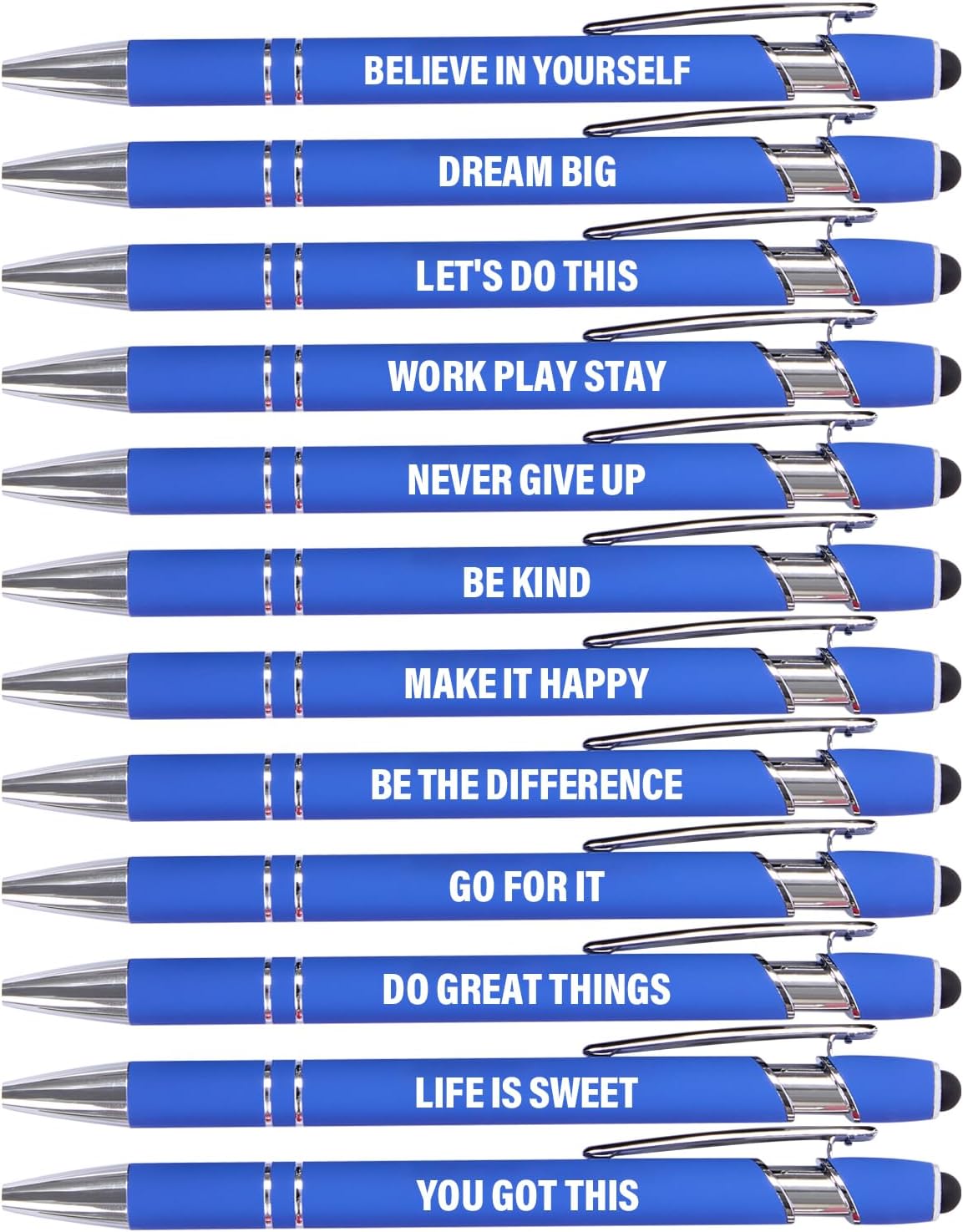 Funny Pens - 12 Pack Fine Point Smooth Writing Pens with Inspirational Tips, Black Ink, Touch Stylus Screens, Motivational Gift for Office & Desk Accessories