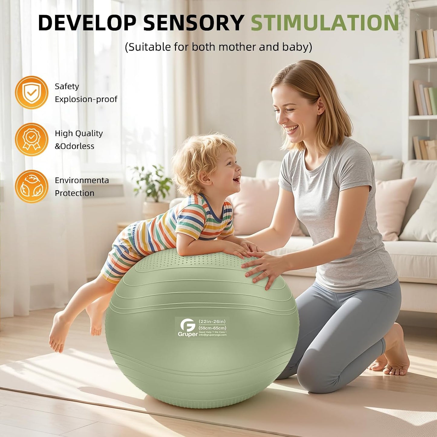 Bouncy Buddy Yoga Orb: Versatile Inflatable Seating for Stretching and Comfort, Available in Four Sizes with Included Pump and Flexibility Guide