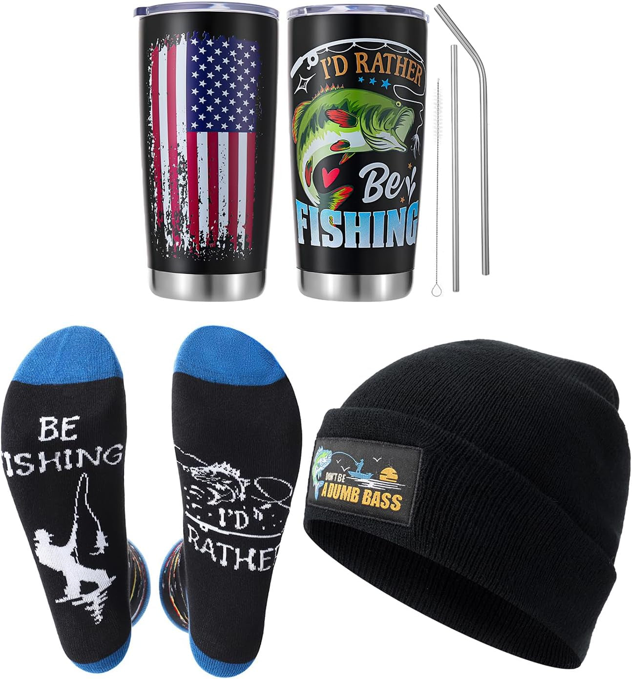 Fishing Hunting Camping Gifts Funny Hat Socks Tumbler Gift Box for Dad Husband Boyfriend Grandpa Fathers Day Birthday Christmas Black