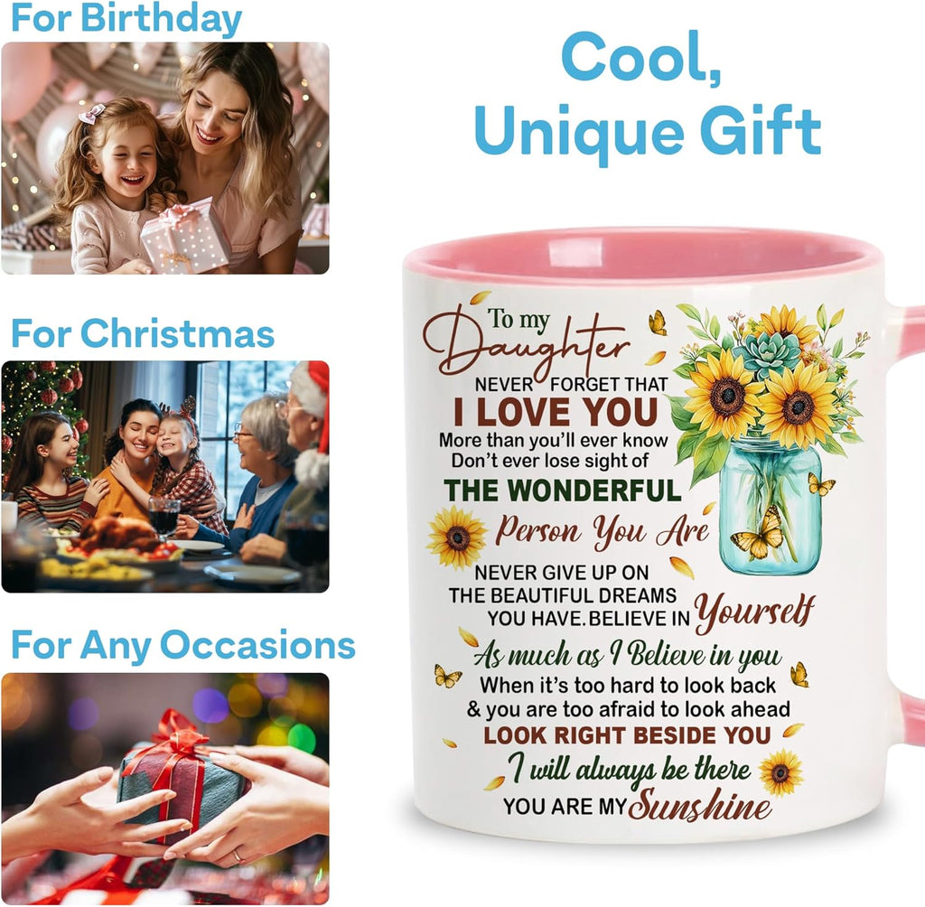 Daughter Gifts on Mother'S Day, Birthday, Presents for Daughters from Mom Dad Cup with Spoon, to My Daughter Coffee Mug, Sunflower Gifts for Women Keepsake, 11Oz White Pink Ceramic Tea Mug