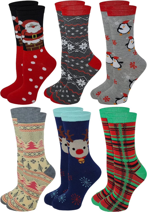 6 Pairs Women Christmas Holidays Novelty Design Crew Socks 9-11