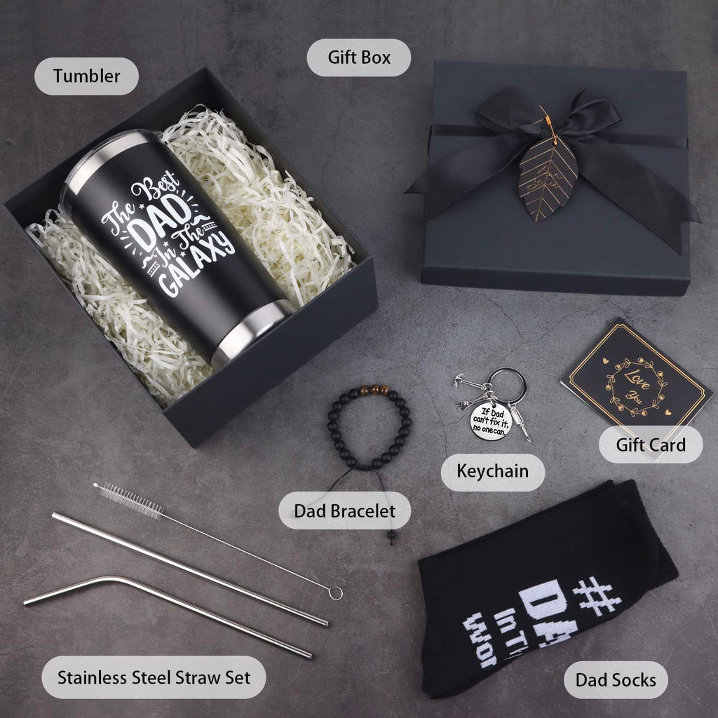 Dad Gifts, 8PCS Fathers Day Gift Includes 20Oz Tumbler with Lid Straw Brush Socks Bracelet Key Chain Thanks Card Gift Box, Best Dad Ever Gifts from Daughter Son Kids for Christmas Birthday