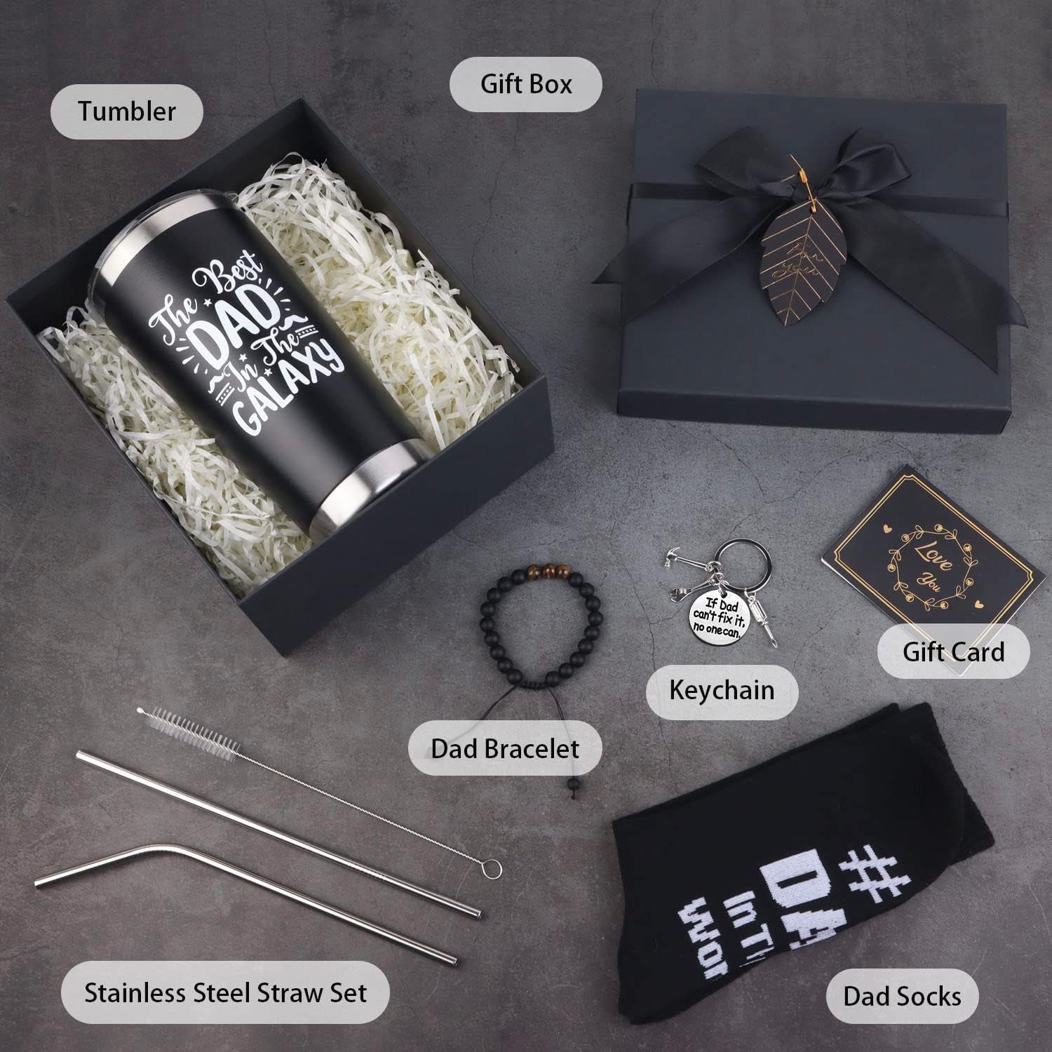 Dad Gifts, 8PCS Fathers Day Gift Includes 20Oz Tumbler with Lid Straw Brush Socks Bracelet Key Chain Thanks Card Gift Box, Best Dad Ever Gifts from Daughter Son Kids for Christmas Birthday