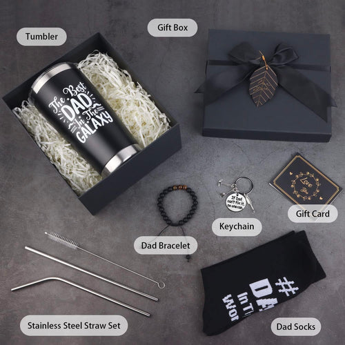 Dad Gifts, 8PCS Fathers Day Gift Includes 20Oz Tumbler with Lid Straw Brush Socks Bracelet Key Chain Thanks Card Gift Box, Best Dad Ever Gifts from Daughter Son Kids for Christmas Birthday