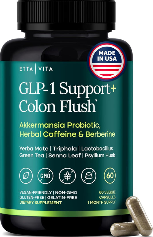 GLP-1 Support + Triphala Colon Cleanse – Weight Loss, Gut Health & Energy – Hunger Control & Fat Burner – Berberine, Akkermansia Probiotic, Yerba Mate, Psyllium Husk, Senna Leaf for Women & Men 60Ct