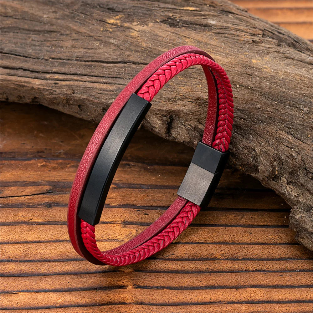 Men Women Punk SOS Custom Logo Name Engrave Text Adjustable Leather Bracelet Customize Stainless Steel ID Bracelet