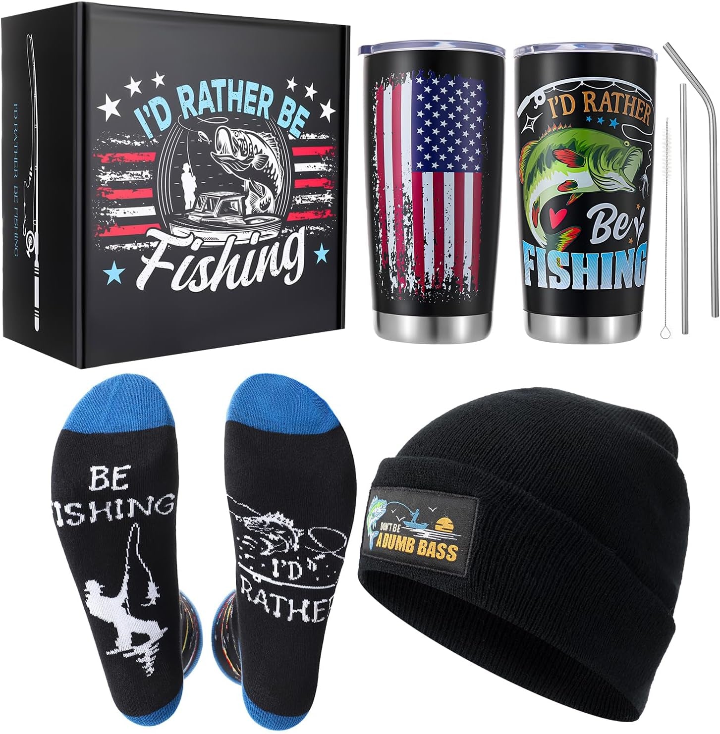 Fishing Hunting Camping Gifts Funny Hat Socks Tumbler Gift Box for Dad Husband Boyfriend Grandpa Fathers Day Birthday Christmas Black