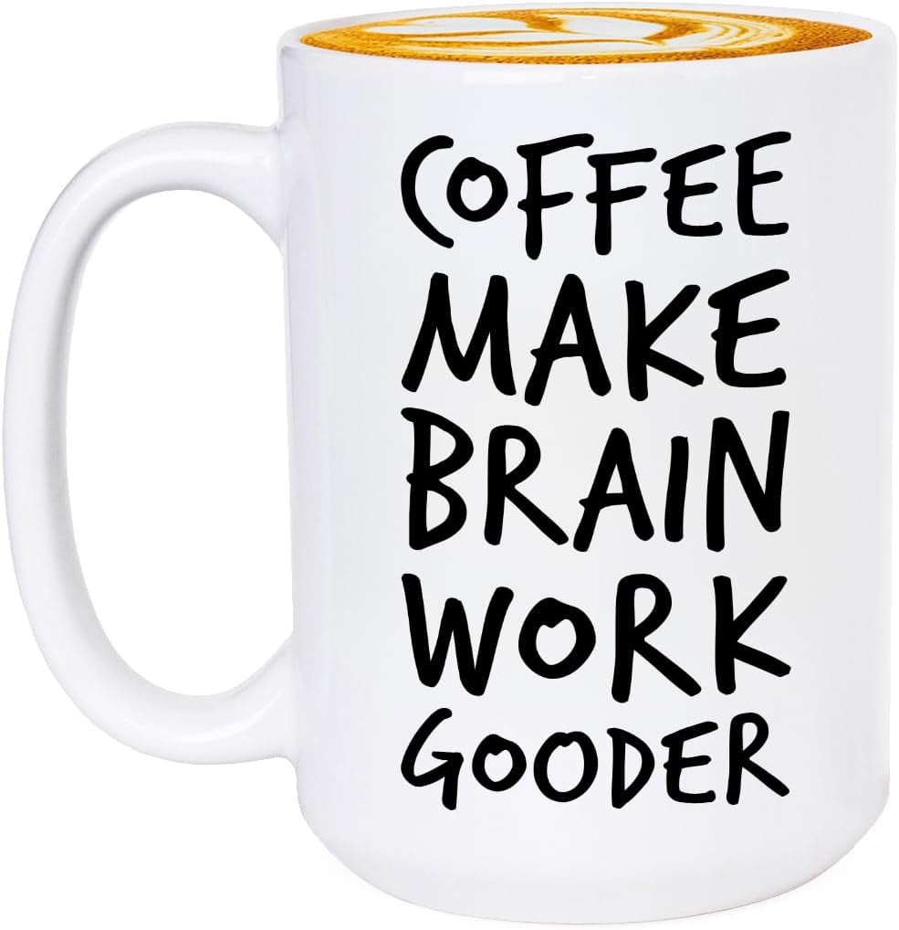 Coffee Make Brain Work Gooder Mug Funny Coffee Lover Gift Humorous Idea Family Friends Birthday Presents Sarcastic Office Tea Cup Caffeine Addict Brain Booster Gooder Vibes
