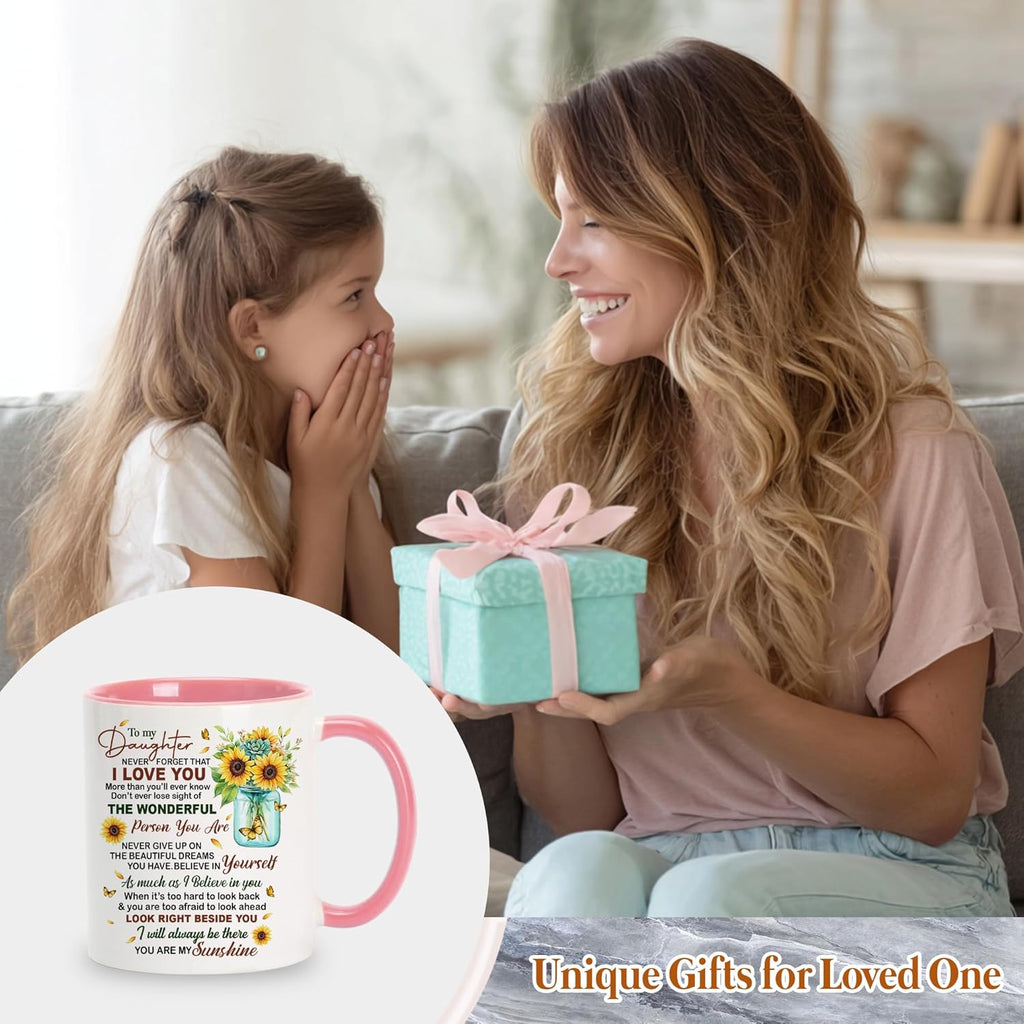 Daughter Gifts on Mother'S Day, Birthday, Presents for Daughters from Mom Dad Cup with Spoon, to My Daughter Coffee Mug, Sunflower Gifts for Women Keepsake, 11Oz White Pink Ceramic Tea Mug