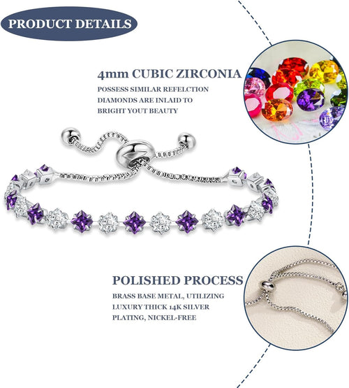 Elegant Birthstone Tennis Bracelet for Women in Silver with Cubic Zirconia, Adjustable Slider Design - Perfect Gift for Christmas, Birthdays, Anniversaries, and Friendship for Moms, Wives, and Girlfriends.