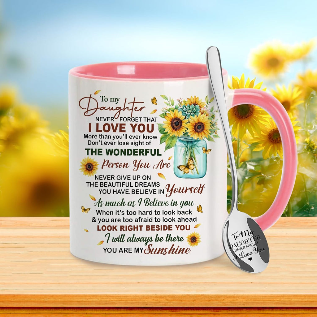 Daughter Gifts on Mother'S Day, Birthday, Presents for Daughters from Mom Dad Cup with Spoon, to My Daughter Coffee Mug, Sunflower Gifts for Women Keepsake, 11Oz White Pink Ceramic Tea Mug