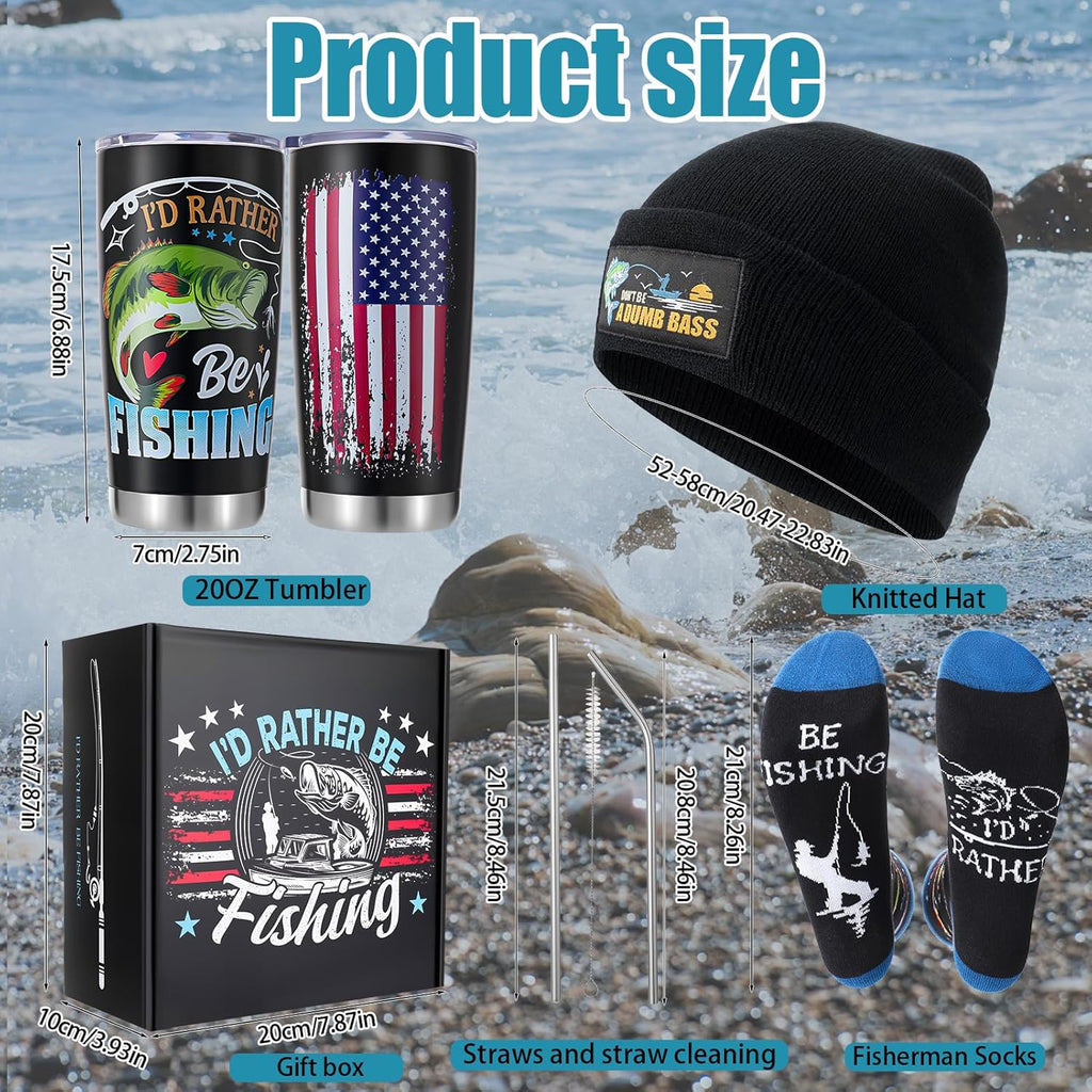 Fishing Hunting Camping Gifts Funny Hat Socks Tumbler Gift Box for Dad Husband Boyfriend Grandpa Fathers Day Birthday Christmas Black