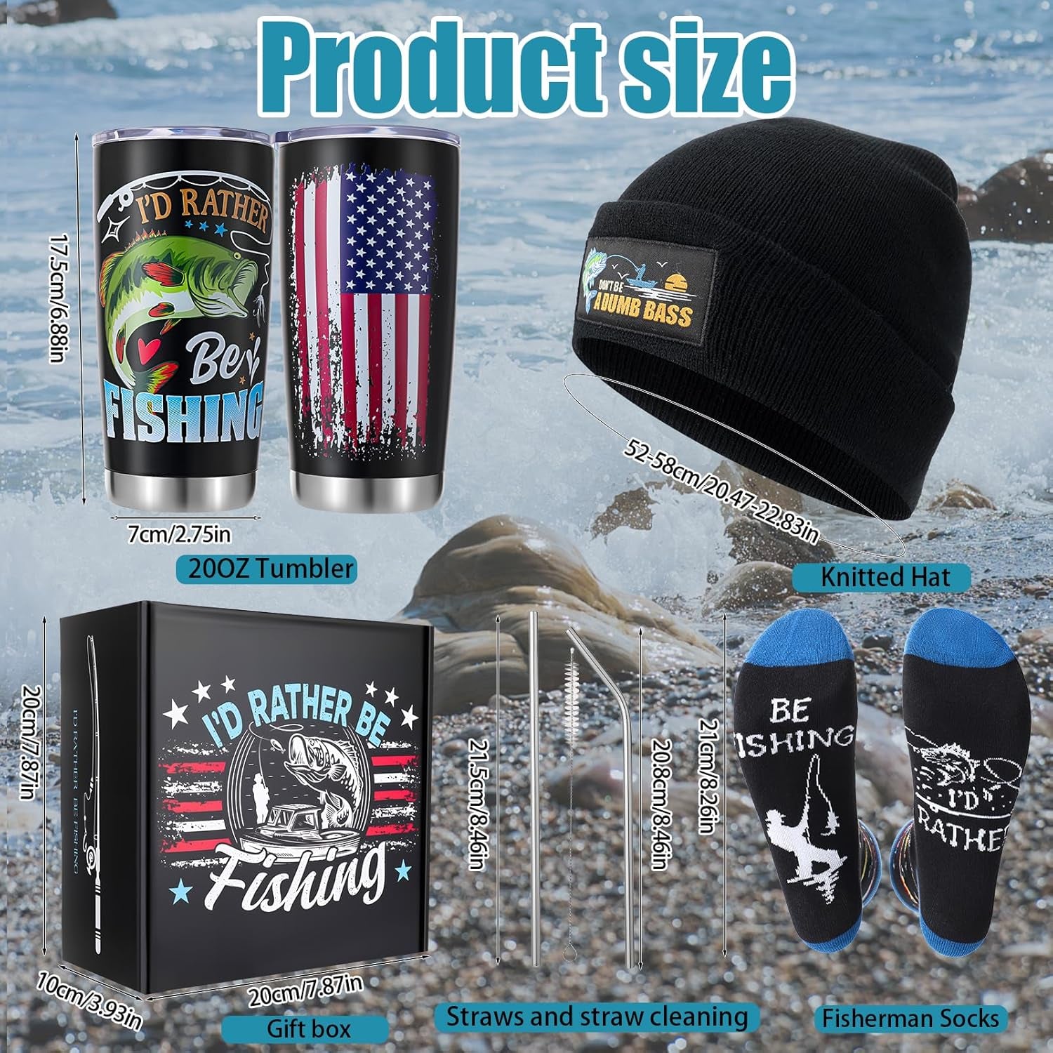 Fishing Hunting Camping Gifts Funny Hat Socks Tumbler Gift Box for Dad Husband Boyfriend Grandpa Fathers Day Birthday Christmas Black