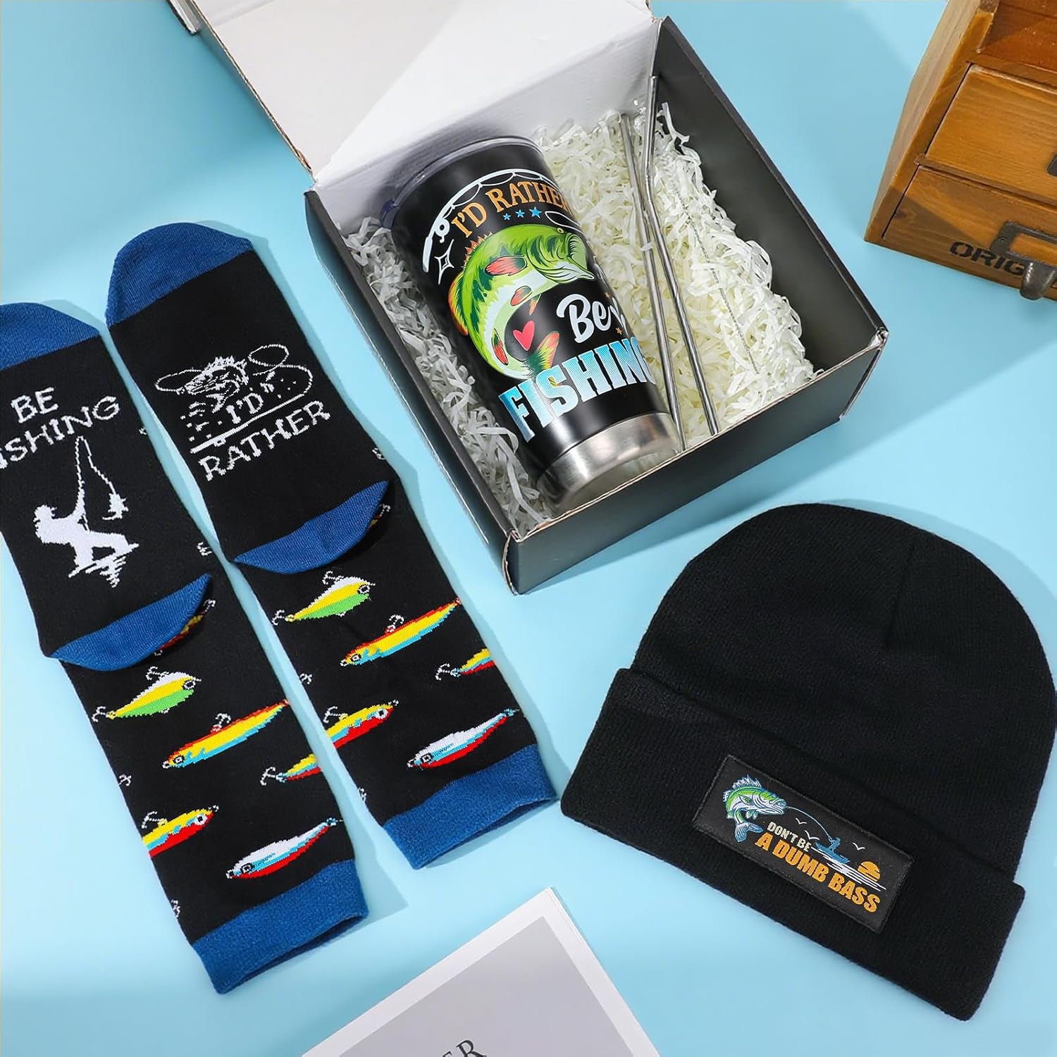 Fishing Hunting Camping Gifts Funny Hat Socks Tumbler Gift Box for Dad Husband Boyfriend Grandpa Fathers Day Birthday Christmas Black