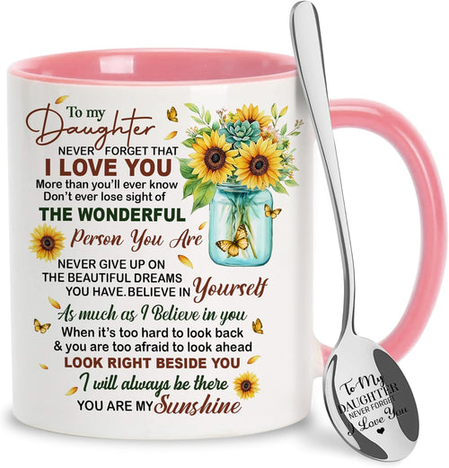 Daughter Gifts on Mother'S Day, Birthday, Presents for Daughters from Mom Dad Cup with Spoon, to My Daughter Coffee Mug, Sunflower Gifts for Women Keepsake, 11Oz White Pink Ceramic Tea Mug