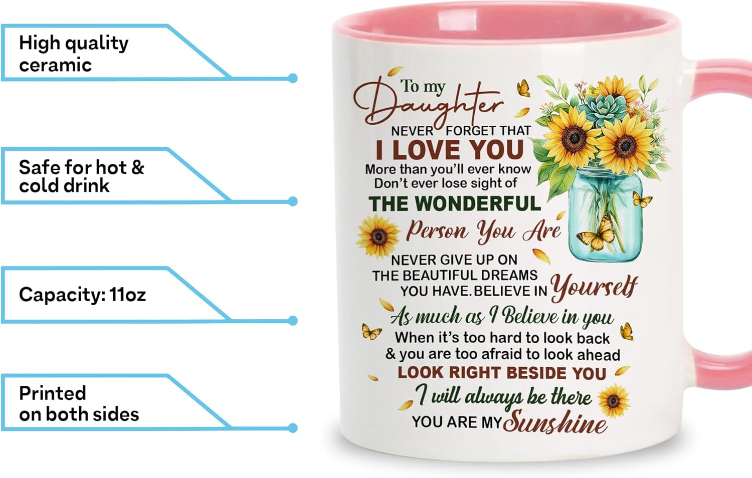 Daughter Gifts on Mother'S Day, Birthday, Presents for Daughters from Mom Dad Cup with Spoon, to My Daughter Coffee Mug, Sunflower Gifts for Women Keepsake, 11Oz White Pink Ceramic Tea Mug