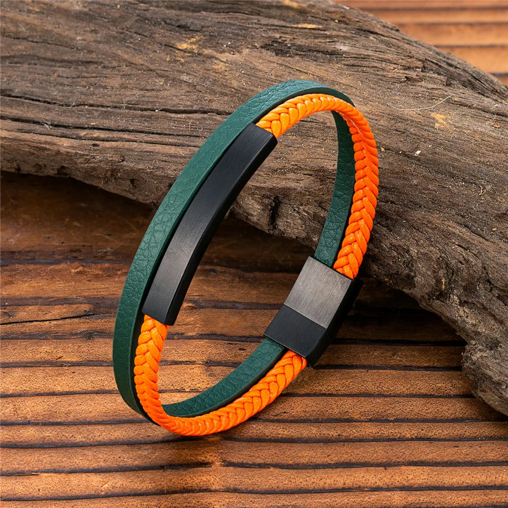 Men Women Punk SOS Custom Logo Name Engrave Text Adjustable Leather Bracelet Customize Stainless Steel ID Bracelet